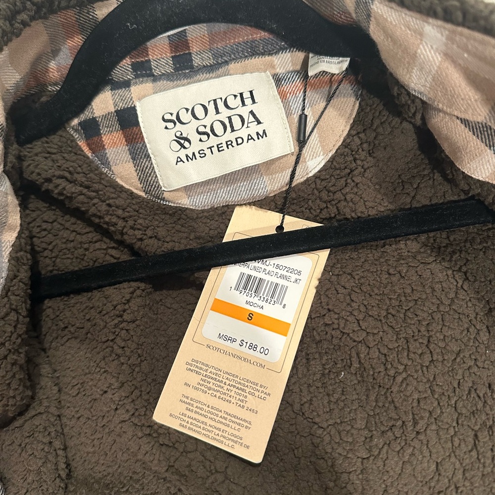Scotch & Soda Sherpa Lined Plaid Flannel Jacket Tan Brown Mocha Men's Size S.